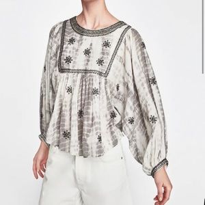 ZARA grey and white tie-dye blouse